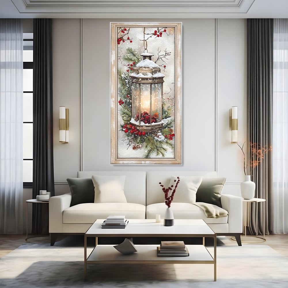 Tablou canvas cu tablou canvas cu felinar de iarna, in rama de aluminiu argintiu, pe perete intr-un living